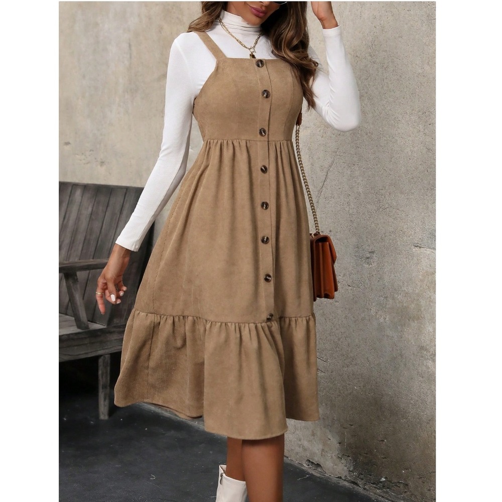 SHEIN Clasi Pinafore Ruffle Hem Dress Womens 0XL Tan Corduroy‎ Tiered Maxi Dress